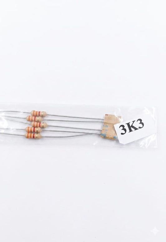 C70 3.3k Ohm ($3.3k\Omega$) 1/4 Watt Carbon Film Resistors – 5% Tolerance (Orange, Orange, Red, Gold) (5PCS)