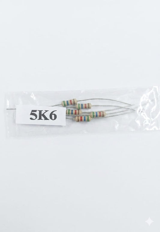 C75 5.6k Ohm ($5.6k\Omega$) 1/4 Watt Carbon Film Resistors – 5% Tolerance (Green, Blue, Red, Gold) (5PCS)